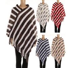24 Wholesale Womens Polyester Winter Cape Striped With Fringes