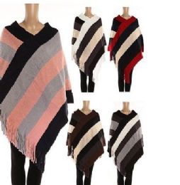 24 Wholesale Womens Polyester Winter Warm Cape Wide Stripe With Fringes