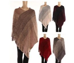 24 Wholesale Womens Polyester Winter Warm Cape Textured With Fringes