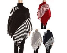 24 Wholesale Womens Polyester Winter Warm Cape Striped With Fringes Assorted Colors