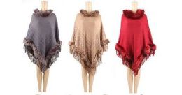 24 Wholesale Womens Polyester Winter Cape With Fur Trimmings And Fringes In Assorted Colors