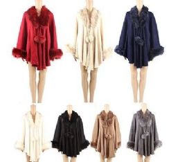 24 Bulk Womens Polyester Winter Cape With Fur Trimmings And Pom Pom In Assorted Colors