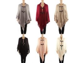 24 Wholesale Womens Polyester Winter Cape With Fringes And Button Closure Assorted Color