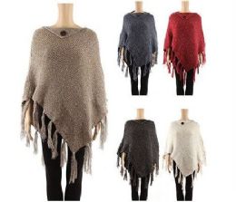 24 Wholesale Womens Polyester Winter Cape With Fringes In Assorted Color