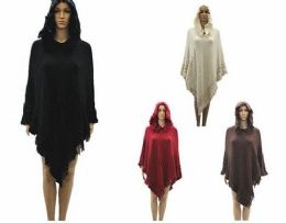 24 Wholesale Womens Polyester Winter Cape With Fringes And Hood In Assorted Color