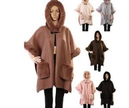 18 Wholesale Womens Polyester Winter Cape With With Fur Pockets Trimmings And A Hood Assorted Color