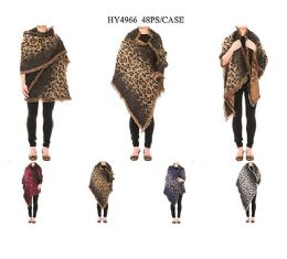 24 Wholesale Womens Winter Blanket Poncho Open Front Thick Oversized Shawl Cape Cardigan Fashion Leopord Print