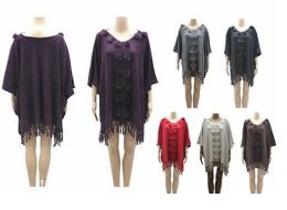24 Wholesale Womens V Neck Batwing Sleeve Poncho Sweater Fringe Pom Pom Cape Cloak