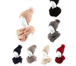 24 Bulk Womans Heavy Knit Winter Pom Pom Hat And Plush Knit Scarf Fleece Lined