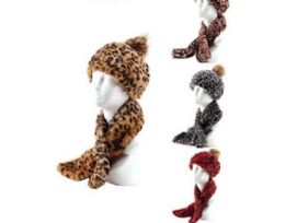 36 Wholesale Womans Heavy Winter Pom Pom Hat And Plush Knit Scarf Animal Print