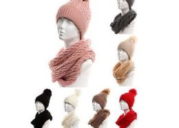 24 Wholesale Womans Heavy Knit Winter Pom Pom Hat And Plush Knit Scarf Set Assorted Color