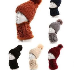 24 Wholesale Womans Heavy Knit Winter Pom Pom Hat And Plush Knit Scarf Fleece Lined Assorted Color