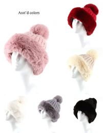 72 Bulk Womans Heavy Knit Winter Pom Pom Hat And Plush Knit Hat Fleece Lined Assorted Color