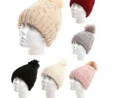 72 Wholesale Womans Heavy Plush Winter Pom Pom Hat