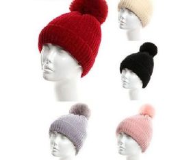 72 Wholesale Womans Heavy Plush Fleece Winter Pom Pom Hat Assorted Color