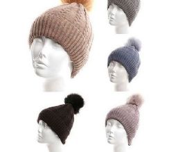 72 Wholesale Womans Heavy Plush Winter Pom Pom Hat Assorted Color