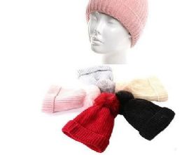 72 Bulk Girls Heavy Plush Winter Pom Pom Hat Assorted Color