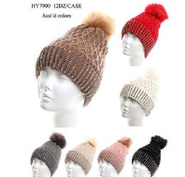 72 Bulk Womens Heavy Plush Winter Pom Pom Sequin Knitting Hat