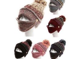 72 Wholesale Womens Girls Knit Beanie Scarf Mask Set Soft Warm Fleece Lined Winter Ski Hat With Pompom