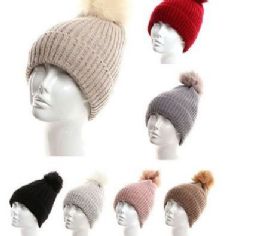 72 Bulk Womens Girls Knit Plush Beanie Hat With Pom Pom