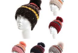 72 Pieces Womens Girls Knit Plush Striped Beanie Hat With Pom Pom - Winter Hats