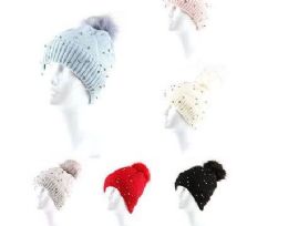 72 Bulk Womens Cable Knit Beanie With Sequins And Faux Fur Pompom