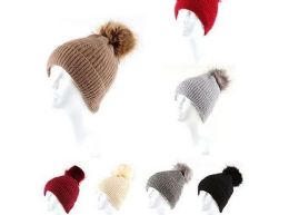 36 Bulk Woman's Heavy Knit Winter Pom Pom Hat Assorted Colors