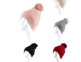 72 Bulk Womens Winter Beanie Hat Warm Knitted Soft Ski Cuff Cap With Pom Pom
