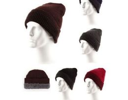 72 Pieces Adults Ribbed Knit Fur Lined Beanie Winter Hat Slouchy - Winter Beanie Hats