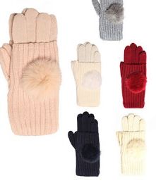36 Wholesale Women's Warm Winter Glove With Pom Pom Assorted Color