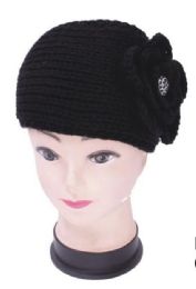 72 Bulk Knit Flower Headband In Black