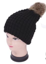 48 Pieces Women's Black Knit Hat With Pom Pom - Winter Beanie Hats