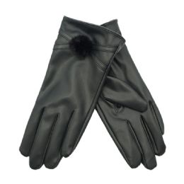 36 Pieces Women's Faux Leather Glove With Pom Pom - Leather Gloves