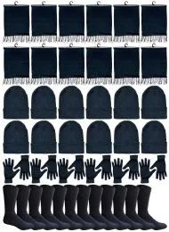240 Bulk Winter Bundle Care Kit For Men, 4 Piece - Hats Gloves Beanie Fleece Scarf Set In Solid Black