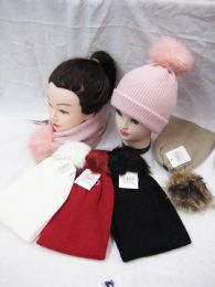 36 Pieces Womens Winter Knit Ribbed Beanie Hat With Fur Pom Pom - Winter Beanie Hats