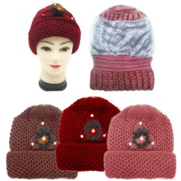36 Wholesale Ladies Heavy Knit Winter Hat With Fur Lining