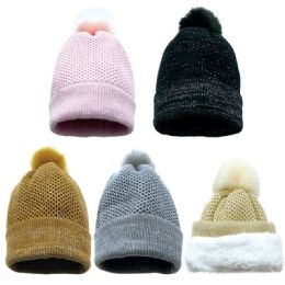 36 Units of Women's Glitter Heavy Knit Pom Pom Hat With Plush Lining - Winter Hats