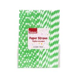 24 Pieces 24 Count Paper Straws Green And White - Straws and Stirrers