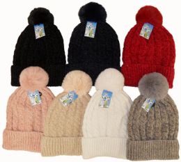 36 Wholesale Women's Fleece Lined Chenille Ski Hat With Pom Pom