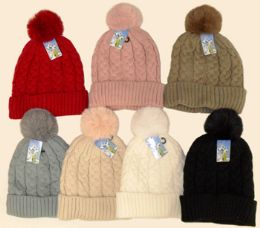 36 Bulk Women's Fleece Lined Ski Hat With Pom Pom