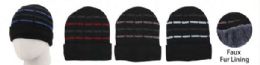 36 Bulk Adult Stripped Ribbed Beanie Hat With Faux Fur Lining