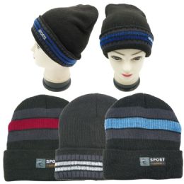 36 Wholesale Men's Sport Thick Winter Beanie Hat With Stripe Design