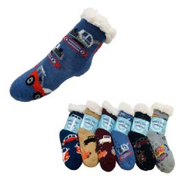 36 Units of Child's PlusH-Lined Non Slip Sherpa Socks - Boys Crew Sock