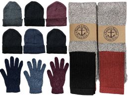 144 Wholesale Yacht & Smith Mens 3 Piece Winter Set , Thermal Tube Socks Gloves And Beanie Hat