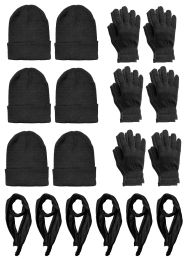 Yacht & Smith 3 Piece Winter Care Set, Solid Black Hat Glove Scarf Bulk Buy