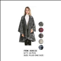 24 Pieces Womens Stylish Plaid Double Layer Cape Poncho - Winter Pashminas and Ponchos