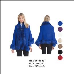 24 Pieces Poncho Cape Textured With Fur Trim - Winter Pashminas and Ponchos