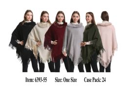 24 Pieces Poncho With Fur On The Neck And Fringes - Winter Pashminas and Ponchos