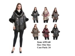 24 Pieces Women Stylish Poncho With Fur - Winter Pashminas and Ponchos