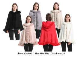 24 Wholesale Womens Poncho Cape With Hoody And Fur Trim